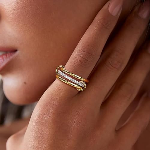 14K Gold Plated Stackable Rings,3 CZ Cubic Zirconia Ring Set,Silver & Gold Stacking Rings, Multi-Link Connected,Statement Interlocking Band for Women, Hypoallergenic, Non Tarnish wedding ring2