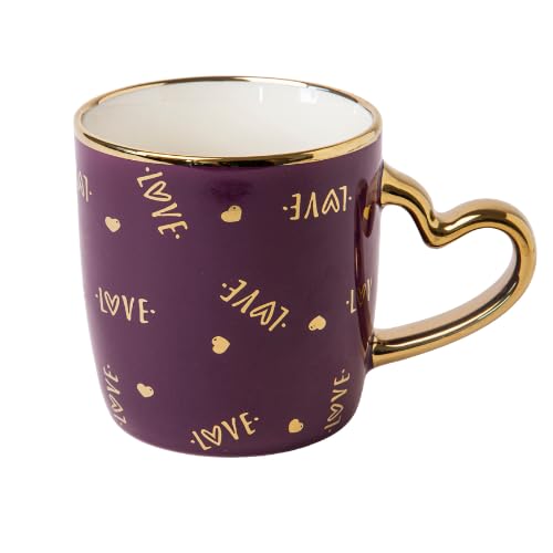 Luxury Heart Handle Ceramic Mug 350ml Elegant Gold Trim Coffee & Tea Cup with Romantic Glossy Gift Mug for Valentine’s Day, Wedding or Anniversary Assorted Designs (Magneta)
