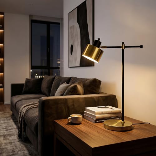 Image of OYEARS 22.2 inch Modern Desk Lamp, Metal Table Lamp with LED Bulb, Adjustable Reading Lamps for Living Room, Mid Century Task Lamp for Home Office, Industrial Bedside Lamps with Solid Base,Black and Gold
