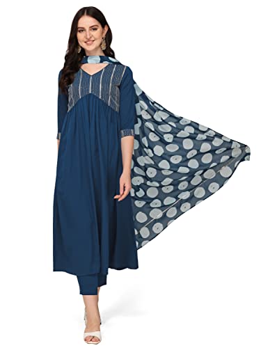 Women's Teal Blue Poly Crepe Straight Kurta with Pant and Dupatta SET00594