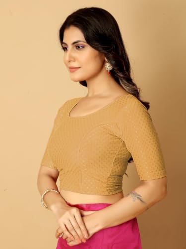 Image of Amazon Brand - Anarva Round Neck Dobby Cotton Lycra Stretchable Elbow Half Sleeve Readymade Saree Blouse for Women Stylish