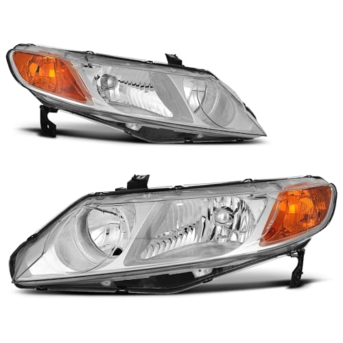 Image of oEdRo Headlights Assembly Compatible with 2006-2011 Civic Sedan(4-door) Headlamp Replacement Pair Chrome Housing Amber Reflector Clear Lens