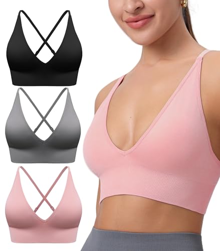 Image of Deep V-Neck Adjustable Women's Sports Bra | Wireless Longline Strappy Criss Cross Padded Spaghetti Straps Light Impact Workout Yoga Crop Top