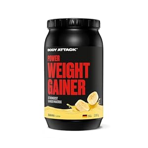 Body Attack Power Weight Gainer – 100% prise de masse, glucides et protein powder pour poids musculation avec whey protéine, idéal pour hardgainers – Mass gainer Banane 1500g