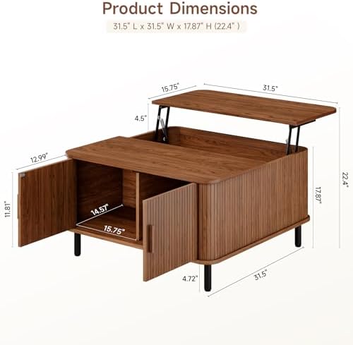 ONBRILL Lift Top Coffee Table, Wood Square Coffee Table with Large Hidden Compartment & Adjustable Footpads, Mid-Century Modern Lift Tabletop Dining Table for Living Room, Home Office
