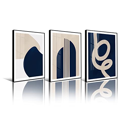 Serimino Framed Abstract Wall Art For Living Room Minimalist Geometric Boho Wall Decor Navy Blue Beige Line Art Painting Pictures Mid Century Modern Gallery Prints For Bedroom Bathroom Aesthetic Room #TOP8