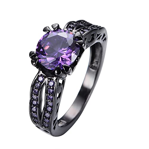 ASFKIPMF Black CZ Fashion Amethyst Purple Birthstone Ring Round Cut 10KT Bridal Sets Black Gold Plated Womens Wedding Ring Sets Green Cz Engagement Ring Wedding Rings Band Size 9