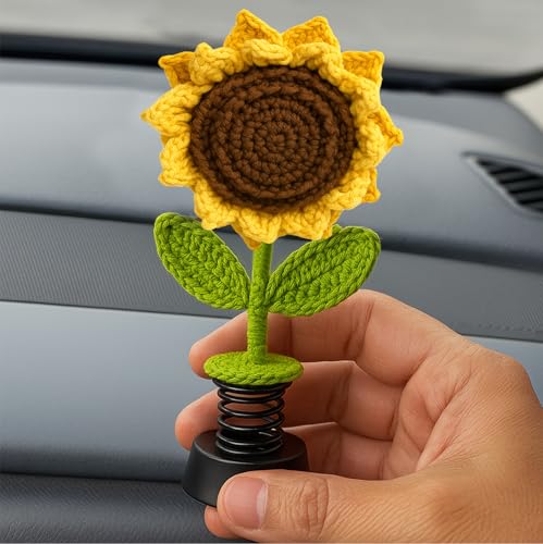 Image of Handmade Crochet Sunflower Double pattels Car Dashboard Decorations Gifts for Women, Cute Sun Flower Car Dashboard Decor, Smiley Face Mini Sunflower Spring Desk Decorations 1 PCS