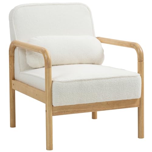 HOMCOM Sessel Wohnzimmer Loungesessel mit Armlehnen, Holzbeine, Großen und Dicken Sitz, Relaxsessel Lesesessel mit Wurfkissen, Bouclé-Optik, Polstersessel für Schlafzimmer Weiß