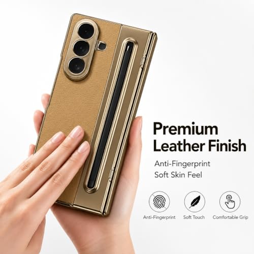 Image of amazon basics Premium Genuine Leather Case for Samsung Galaxy Z Fold 8 Ultra - Slim Fit Luxury Business Cover with Built-in S Pen Slot & Magnetic Hinge Protection - Midnight Gold