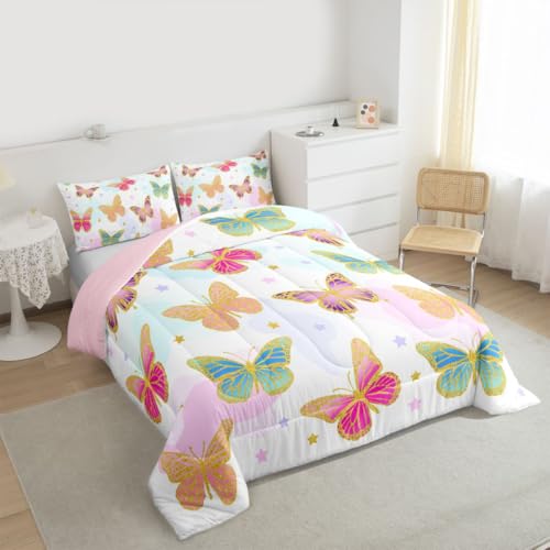 Image of Erosebridal Flying Butterflies Full Size Comforter Sets for Kids Boys Girls,Colorful Garden Wildlife Bedding Set,Cartoon Stars Duvet Insert,Vintage Romantic Style Quilt Bedroom Decor