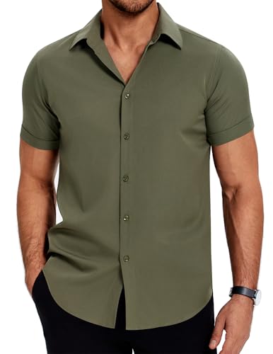 COOFANDY Camisas De Manga Corta para Hombre Camisa Informal Camisa De Ocio De Verano Camisa Trabajo Elástica Camisas Trabajo Sin Plancha Camisa Vacaciones Básica Verde Militar L