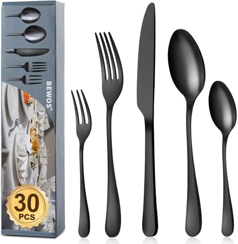 BEWOS Besteck Set für 6 Personen, 30 teilig Schwarz Mattiert Essbesteck Set inkl. Messer, Gabel, Löffel, Besteck Edelstahl, Spülmaschinenfest