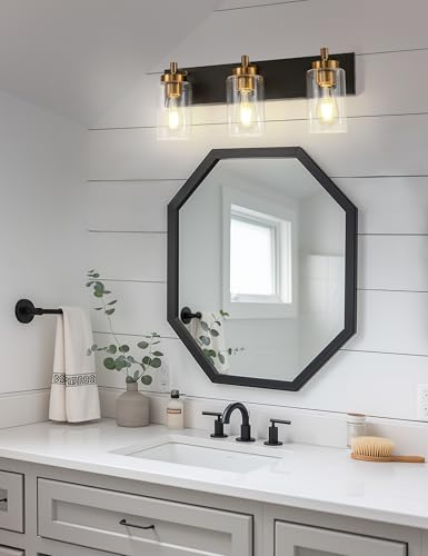 Image of DORESshop 3-Light Black and Gold Bathroom Light Fixtures with Straight Glass Shades, Bathroom Lighting Fixtures Over Mirrors, Modern Wall Sconce Lighting Vanity Light for Bathroom Living Room