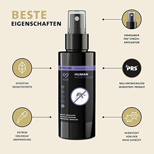Peticare Anti-Insekten Spray | gegen Stechmücken Bremsen Mücken Moskitos und weitere | auch für Kinder | sofortige Wirkung | einzigartiges PRS® System für Lange Wirkung – Human Protect 2050