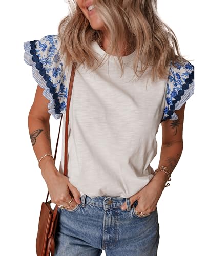 SELINK Womens Summer Ruffle Short Sleeve Top Crewneck T Shirts Floral Trim Casual Blouses