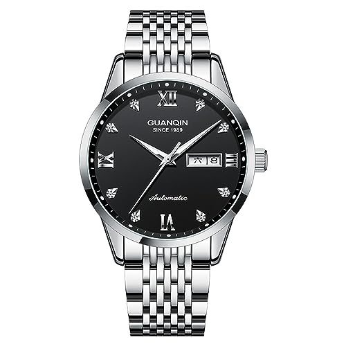 Guanqin Reloj de pulsera para hombre, estilo vintage, con calendario, luminoso, automático, automático, mecánico, cristal de zafiro, resistente al agua, elegante, de acero inoxidable, con diamantes de Guanqin Reloj de pulsera para hombre, estilo vintage, con calendario, luminoso, automático, automático, mecánico, cristal de zafiro, resistente al agua, elegante, de acero inoxidable, con diamantes de