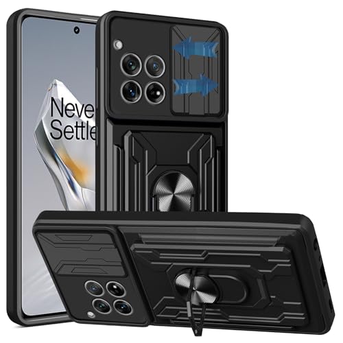 KZIOACSH Funda Oneplus 12 5G,[Tapa Deslizante para la cámara] Anti-Choque con 360 Grados Magnetic Anillo Hard PC y Silicona TPU Bumper antigolpes Case,Negro