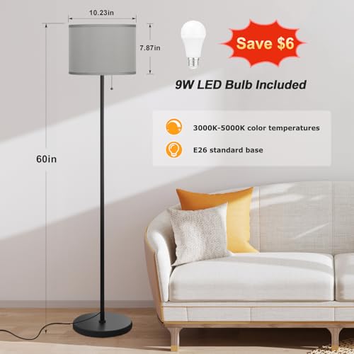 Image of Ambimall Floor Lamps for Living Room with 3 Color Temperatures Bulb & Pull Chain Switch, 60 inch Modern Standing Floor Lamp for Bedroom Kids Room Study Room（Grey Shade & Black Pole）