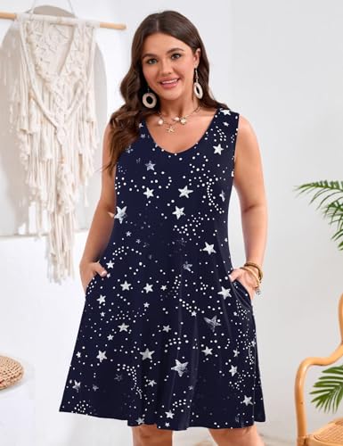 Image of JollieLovin Women Plus Size Curvy Summer Tank Sun Dresses Sleeveless Causal T-Shirt Dress Beach Swing Cover up(L-5X)