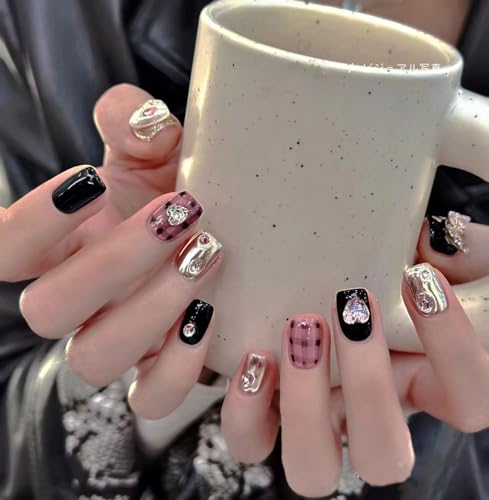 NLSJMP,10Pcs,Size M, Handmade Short Square Press on Nails, 3D Acrylic Fake Nails Kit,Rhinestone Glitter Design Nail Art Kit,Reusable False nails,Include Toolkit,Butterfly