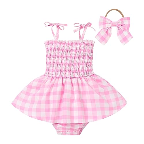 Image of Baby Girls Pink Plaid Romper Tutu Dress Sleeveless Smocked Gingham Dress Toddler Summer Outfits Princess Party Dresses