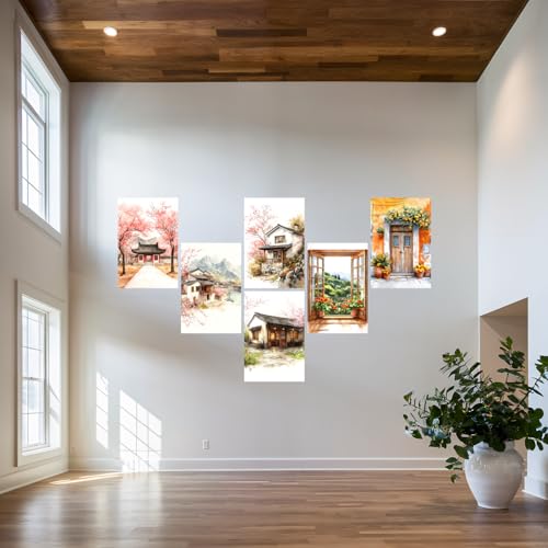Image of SiddArtify Watercolor Asian Wall Art Prints Set - Traditional Building Poster Decor for Living Room Bedroom Office - 12x18 inch Board Pack of 6