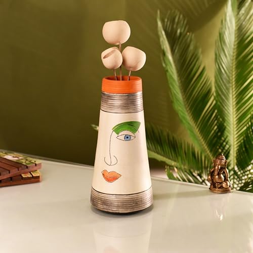 Image of Aakriti Art Creations Abstract Face Terracotta Vase | Handmade Multicolor Matte Decorative Flower Vase | Modern Art Vase for Living Room Table Decor & Housewarming Gift