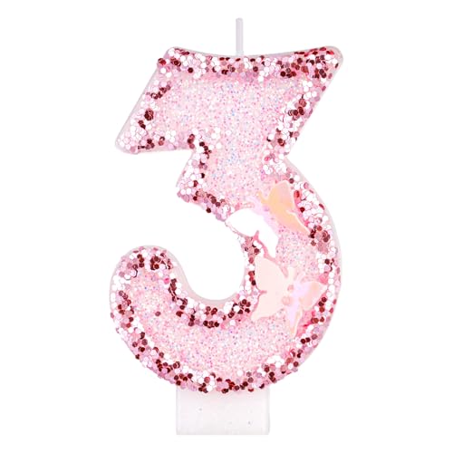Alaoo Velas Cumpleaños Números 3,3D Mariposas Rosa Vela,Vela de Número 3 de Pastel Decoración,para Aniversarios,Baby Shower de Cumpleaños,Rosa