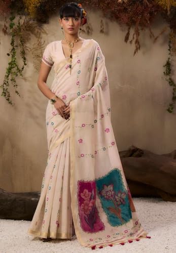 Image of SGF11 Women's Soft Cotton Linen Silk Saree With Unstitched Blouse Piece