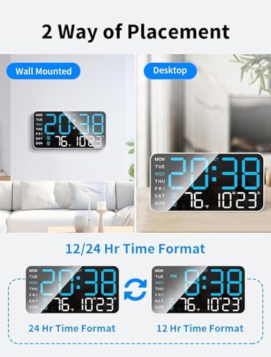Image of 9 inch LED Digital Wall Clock with Date, Day, Temperature Display & Dual Alarm - USB Powered, Adjustable Brightness - Ideal for Bedroom, Office, Seniors, Home Decor (9 inch REC Blue+White)