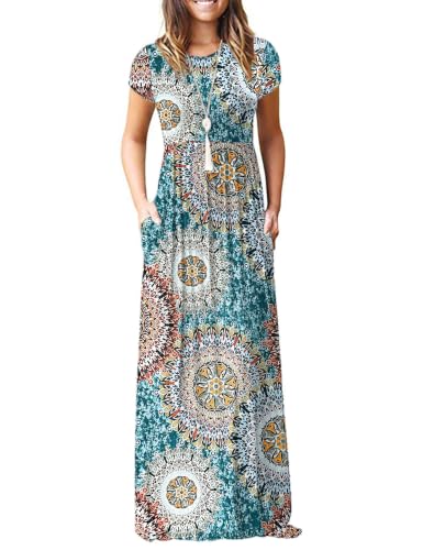 Image of MISFAY Women's Short Sleeve Maxi Dresses Long Casual Dresses with Pockets | Empire Elastic Waist, Crew Neck, Floor Length, Strentchy Flowy A Line Fit, Loose Plain Summer Outfits, Vacation Wear