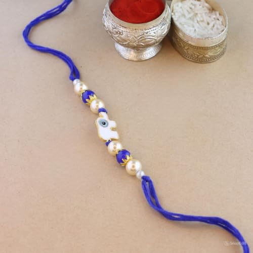 Image of I Jewels Hamsa Enamel Evil Eye Lumba Rakhi Set for Brother and Bhabhi with Roli Chawal and Rakshabandhan Card | Couple Rakhi