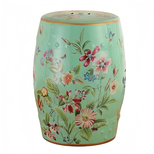 HYFANIYH Ceramic Drum Garden Stool, Flower&Butterfly, Classic, Cottage, French Country,Bathroom, Garden Room, Patio (Green,Flower&Butterfly)