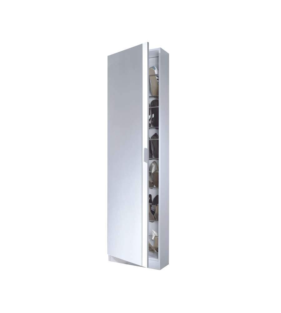 Habitdesign Zapatero de 1 Puerta con Espejo Modelo Kristal, Capacidad 16 Pares, Medidas: 180x50x20 cm, Color Blanco Brillo