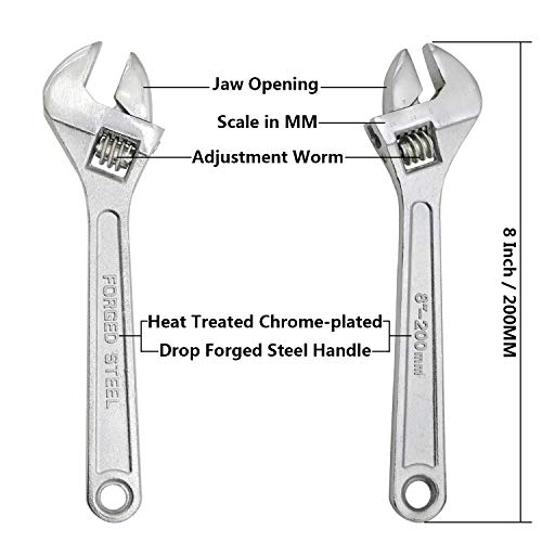 Image of Dr.Luck 8 Inch Sliver Adjustable Wrench, Drop Forged Steel Heat Treated Chrome-plated, Garage DIY Tool