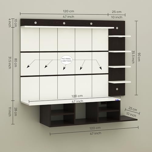 Image of Anikaa Charley Engineered Wood Wall Mount Striped PVC Back Panel TV Unit with Spot LED Lights | TV Cabinet with Open Storage Box (Wenge /White) | Ideal for UP to 43 Inch TVs - DIY Installation