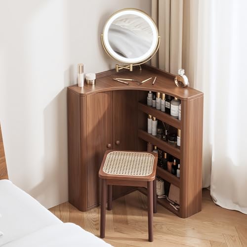 Escritorio de tocador con espejo y luces, mesa de maquillaje de madera con taburete para dormitorio y vestidor, 3 modos de iluminación para aplicación de maquillaje