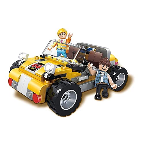 Assembled COGO 3031 block set showing a yellow convertible car with two figures.