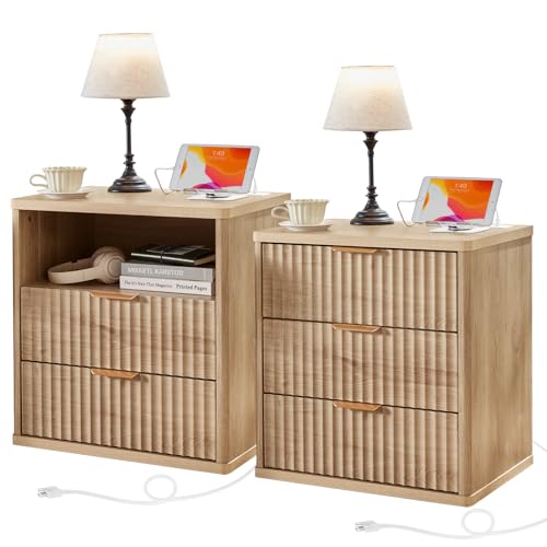 LEYAOYAO Fluted Farmhouse Nightstand Set of 2 with Charging Station, 23" Wide 2 & 3 Drawers Large End Table with Metal Handle, Natural Night Stand Bedside Table, Wood Dresser for Bedroom,Closet