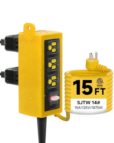 Image of Outdoor Extension Cord, 6 Wide Outlets, 1875W /15A, 15FT 14AWG Heavy Duty SJTW Power Strip with Surge Protector, All-Weather & IP66 Fully Waterproof, Ideal for Patio, Garden, Pool, RV, Yellow