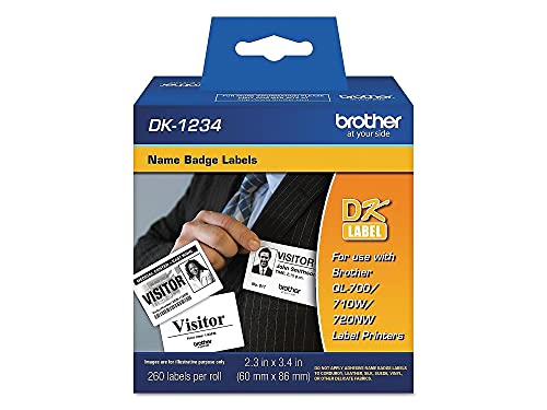 Image of Brother Genuine DK-1234 Die-Cut Adhesive Name Badge White Paper Labels for Brother QL Label Printers, 2.3 inch x 3.4 inch (60mm x 86mm), 260 Labels per Roll, DK1234