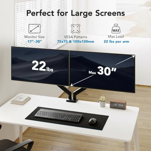 Image of HUANUO Dual Monitor Mount for 2 Monitors up to 30 inches, Each Arm Holds Max 22lbs, Dual Monitor Stand with Advanced System, Height-Adjustable /Tilt /Swivel /Rotate, VESA Standard 75mm or 100mm