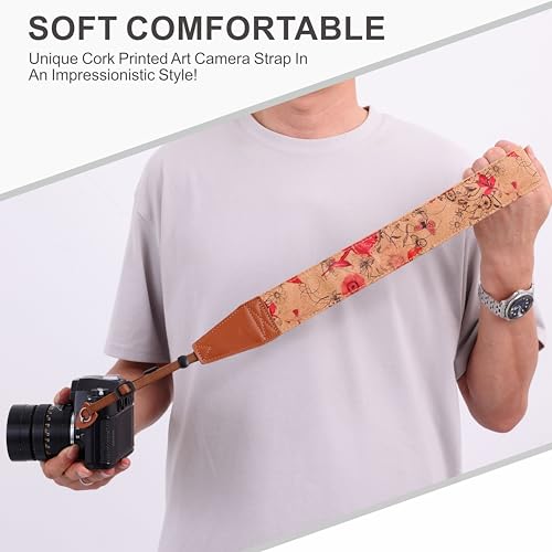 Image of Padwa Lifestyle Cork Camera Strap - 2 inch Top Layer Cowhide Head Camera Straps for Photographers,Natural Log Crackle Art Print Style,Soft Chamois Velvet Padded Strap Quick Release fits All Cameras