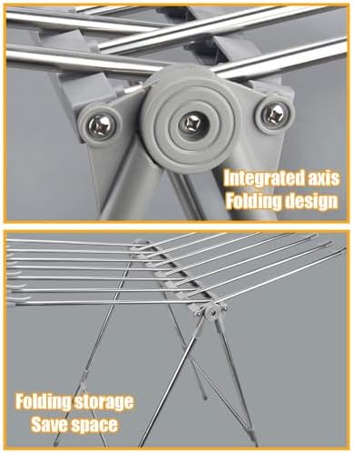 Collapsible Stainless Steel Laundry Drying Rack, Movable Floor Standing Airer with Windproof Clips & Removable Rails, Space-Saving Foldable Clothes Drying Solution