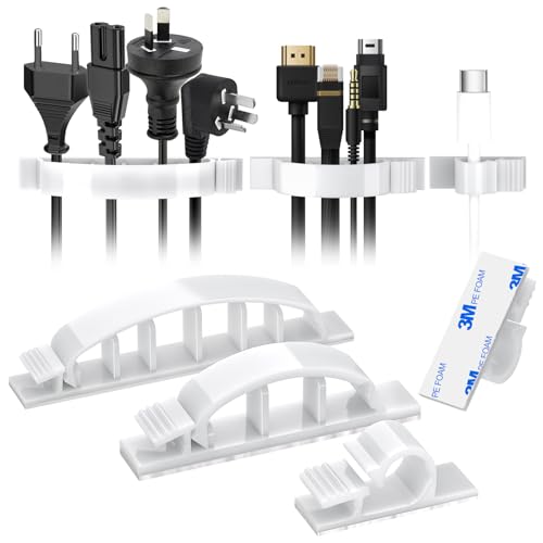 XHF 30pcs Adhesive Cable Wire Clips Kit White, Outdoor Cable Management Wire Organizer Cord Holder...