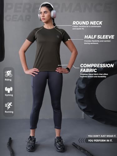 Image of CHKOKKO Women's Compression Gym T-Shirt for Running, Workout, Training, Sports & Activewear | Quick Dry Breathable Stretch Fabric | Body Fit Half Sleeve Athletic Sports Tee for Women
