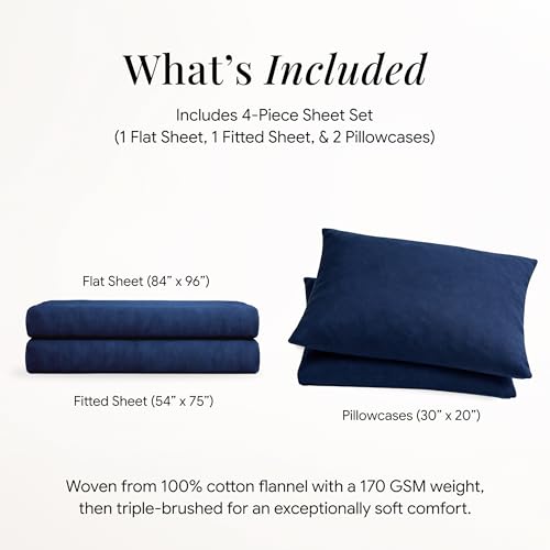 Image of Tribeca Living Triple Brushed Soft Cotton Flannel Sheets Set, Full Size 170-GSM Weight Extra Deep Pocket Sheet in Solid Dark Blue Color