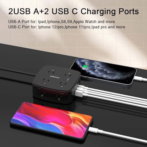 Image of 5Ft Surge Protector Power Strip - 8 Widely Outlets with 4 USB Ports, 3 Side Outlet Extender with 5 Feet Extension Cord, Flat Plug, Wall Mount, Desk USB Charging Station, ETL,Black