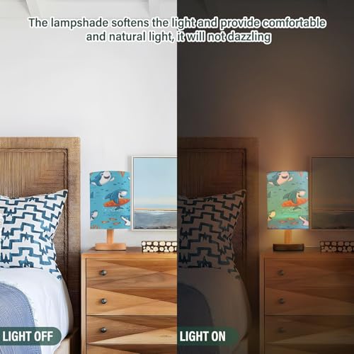 Ewusp Divertida lámpara de mesa de noche de tiburón de dibujos animados para dormitorio, lámpara LED de mesita de noche con puertos de carga USB, pantalla de tela y base de madera para escritorio - imagen 5